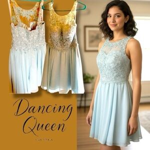 Dancing Queen Dress Pastel Blue Beaded Illusion Corset A-Line HOCO Prom Mini - S